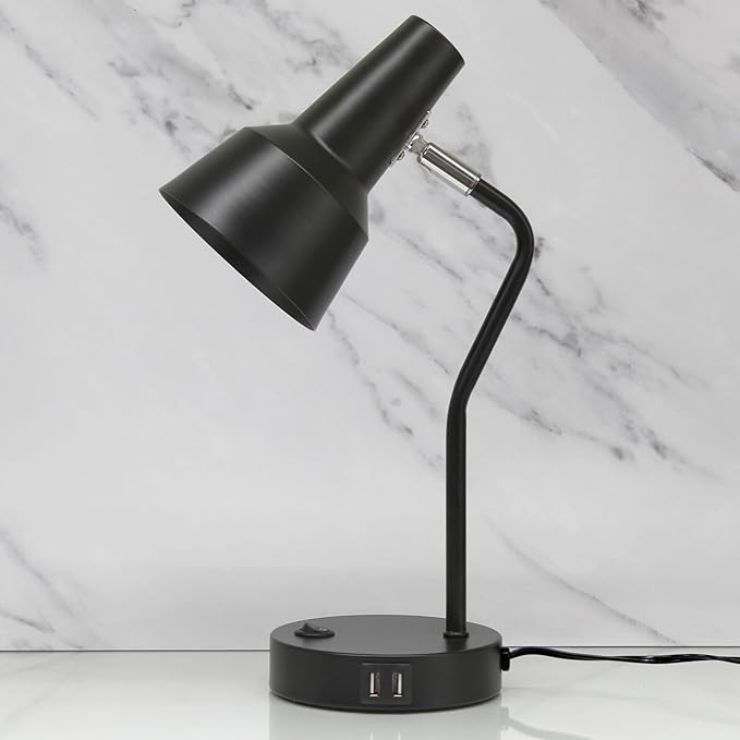Simple Designs LD1072-BLK 15.2" Sleek Essentials Metal Cone Shade Desk Lamp with Adjustable Shade and Dual USB Ports, for Office, Desk, Nightstand, Dorm, Black