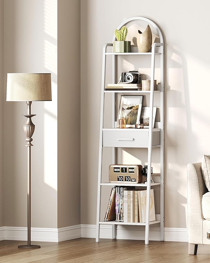 CHOEZON 5 Tier Ladder Shelf with Drawer, Tall Ladder Bookshelf, Standing Bookcase with Metal Frame for Living Room, Bathroom, Home Office, Study, Balcony, White TCJ07WB