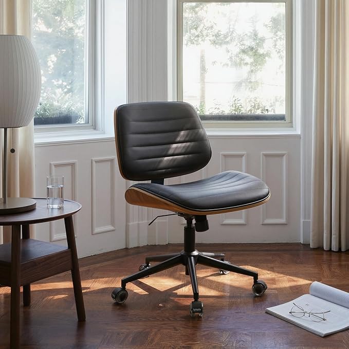 Sytopia Small Desk Chair for Home Office, Adjustable Height Swivel Armless Office Chair No Arms, Mid Century Modern Chair with Wheels, Walnut Wooden Sturdy Furniture, Easy Assembly, Vintage Black