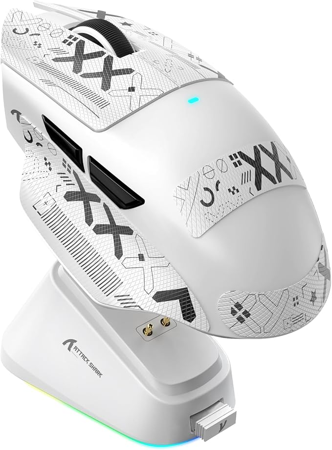 ATTACK SHARK V6 Wireless Gaming Mouse with RGB Charging Dock, 25K DPI PAW3311 Sensor, 1K Polling Tri-Mode Ergonomic PC Mice, 5 Programmable Bottons, Cloud-Based AI Driver for Win/Mac,White&Tape