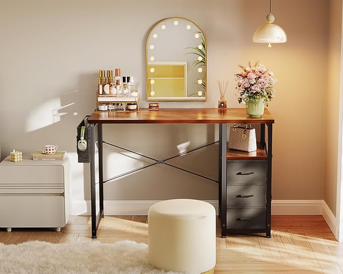 AODK 40 Inch Small Computer Desk with Fabric Drawers, Kids Study Desk for Bedroom, Home Office Desk with Storage Shelf & Bag for Small Space, Vintage