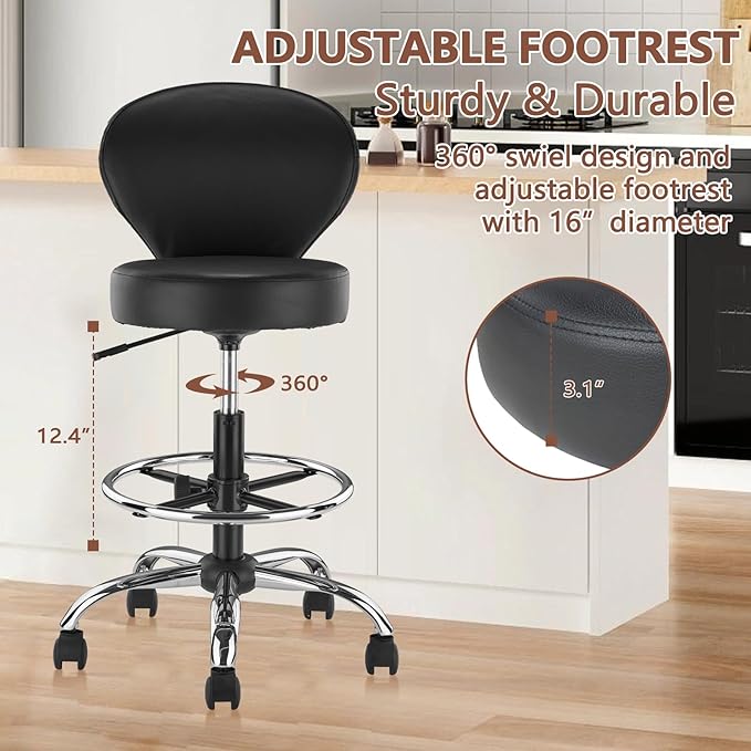 KLASIKA Black PVC Faux Leather Drafting Chair Set of 2 Rolling Swivel Salon Stool with Back Support Foot Rest Adjustable Hydraulic Seat Height for Massage Facial Spa Medical Drafting Tattoo Beauty