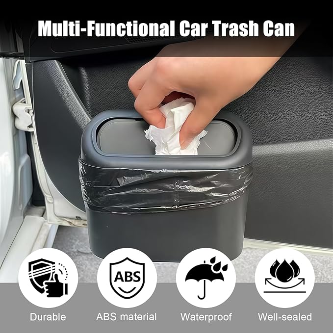 Car Small Trash Can with Lid, Leakproof Mini Car Garbage Can, Waterproof Push Button Easy Empty, Suitable for Desktop Office Bedroom Dorm Home Vehicle with 75 PCS Plastic Trash Bag (Black)