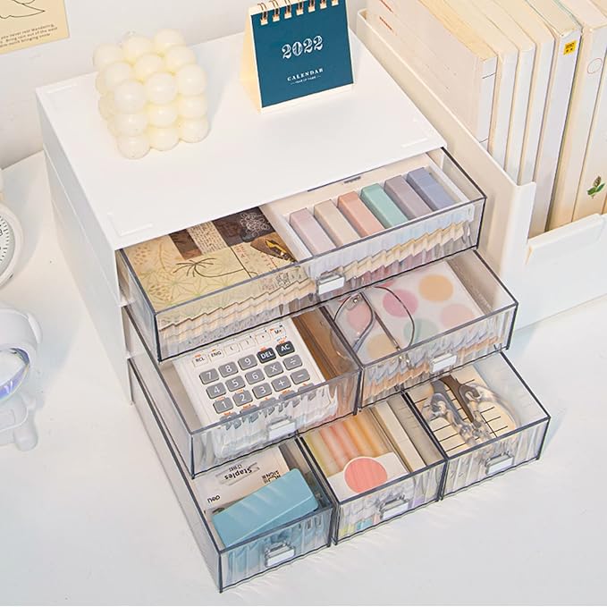 3 Tier Stackable Desk Organizer with 6 Drawers, YOCOMEY Plastic Desktop Storage Box Drawers, Detachable Makeup Storage Office Stationery Supplies Organizer for Office School(White)