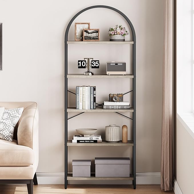 IDEALHOUSE Bookshelf 5 Tier Bookcase Arched Display Racks Tall Standing Bookshelves Metal Frame Modern Storage Rack Shelf Large Wood Book Shelf for Bedroom, Living Room, Home Office (Grey)