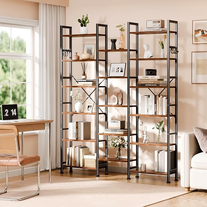 Furologee Triple 6 Tier Bookshelf, Bookcase with 17 Open Display Shelves, Wood and Metal Shelf Storage Organizer,Industrial Wide Shelving Unit for Living Room,Home Office,Rustic Brown