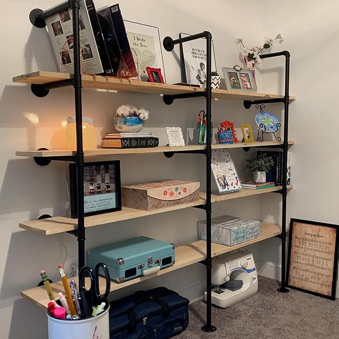 HITOMEN Industrial Iron Pipe Shelves, 2 Set 5-Tier 70.5" Tall 12" Depth, DIY Open Bookshelf Bookcase, Wall Mounted Vintage Retro Shelving, Rustic Farmhouse Pantry Kitchen Storage, Black Shelf Brackets