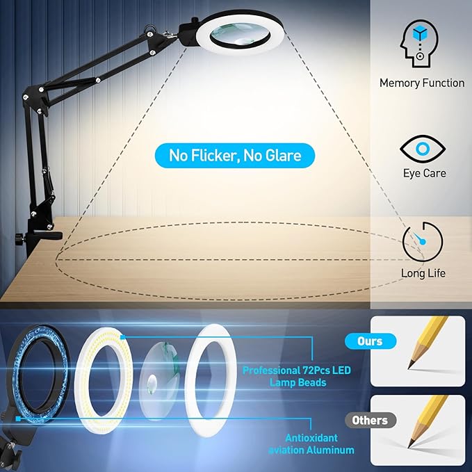 KIRKAS 12X Magnifying Glass with Light and Stand, Any Color Modes & Stepless Brightness LED Magnifying Lamp with Clamp, 2-in-1 Magnifier Glass Lens Desk Lamp for Reading(12X&30X Ring Base & Clamp)