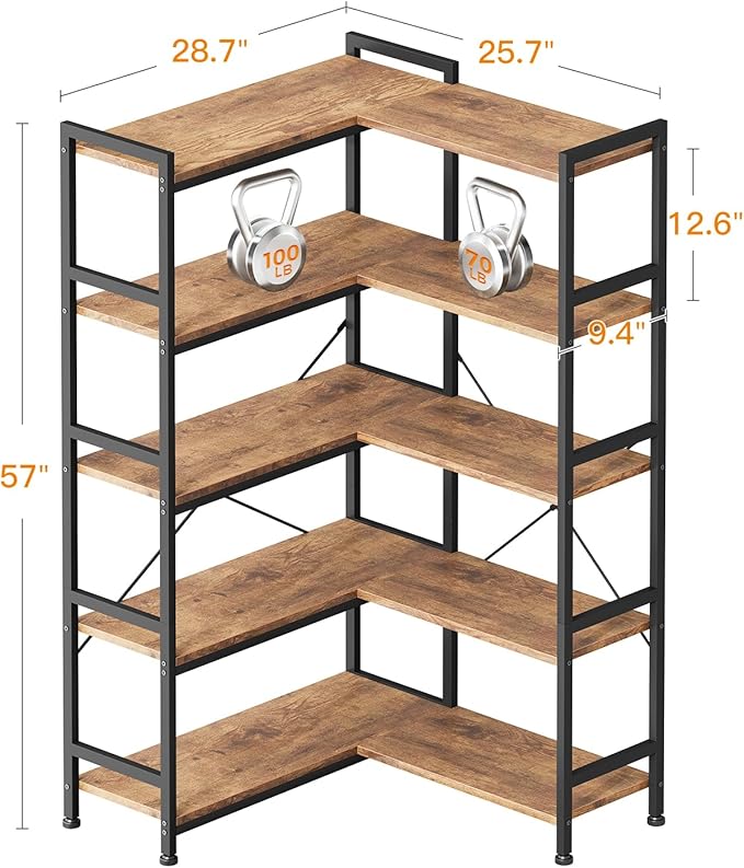 Casaottima Corner Book Shelf, 5 Tier Reversible Bookshelf for Living Room, Industrial Wooden Bookcase with Open Shelves and Metal Frame for Bedroom, Home Office, Kitchen, Vintage