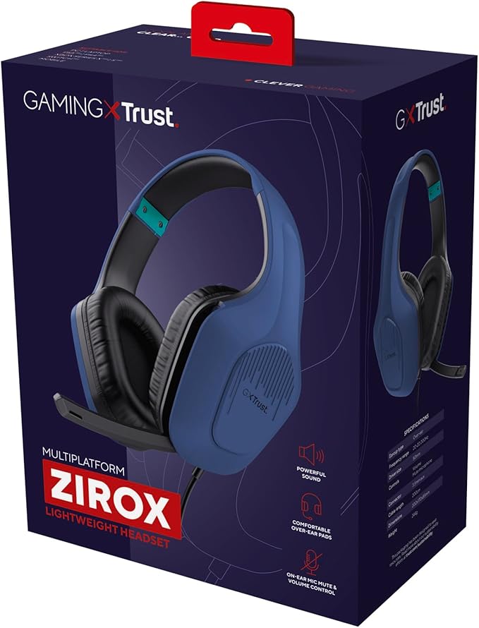 Trust Gaming GXT 415B Zirox Lightweight Gaming Headset with 50mm Driver for PC, Xbox, PS4, PS5, Switch, Mobile, 2m Cable, 3.5mm Audio Port, Over-Ear Headphones with Cable - Blue