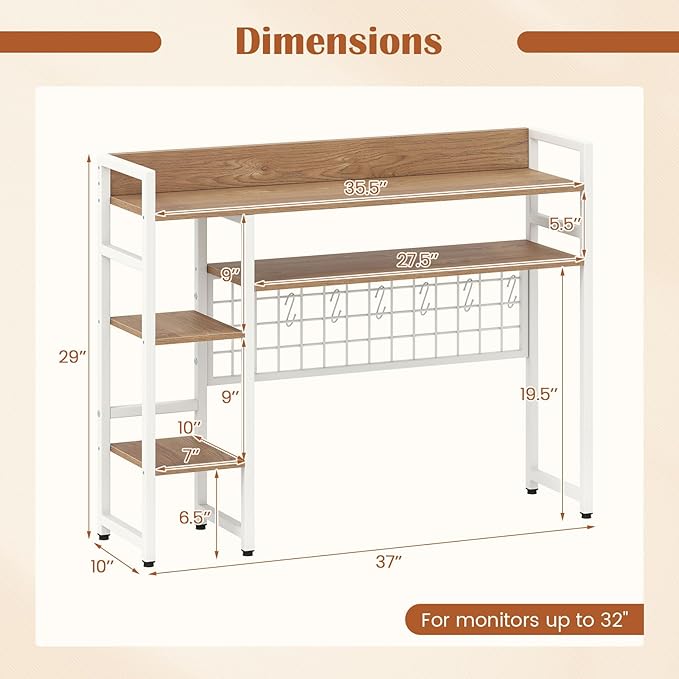 Giantex Desktop Bookshelf, 37" Desk Shelf for Up to 32" Computer Monitor, 4 Tier Desktop Display Shelves w/Grid Panel, 6 Movable Hooks, Anti-tip Device, Desk Hutch for Home Office Dorm (Natural)