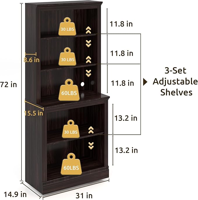 Bevfint 72" Tall Bookcase, White Large Floor Standing Bookshelf, 5 Tier Shelves Open Storage Organizer, Book Case for Living Room Hallway Kitchen Home Office Bedroom, Dark Cherry- 5 Tier