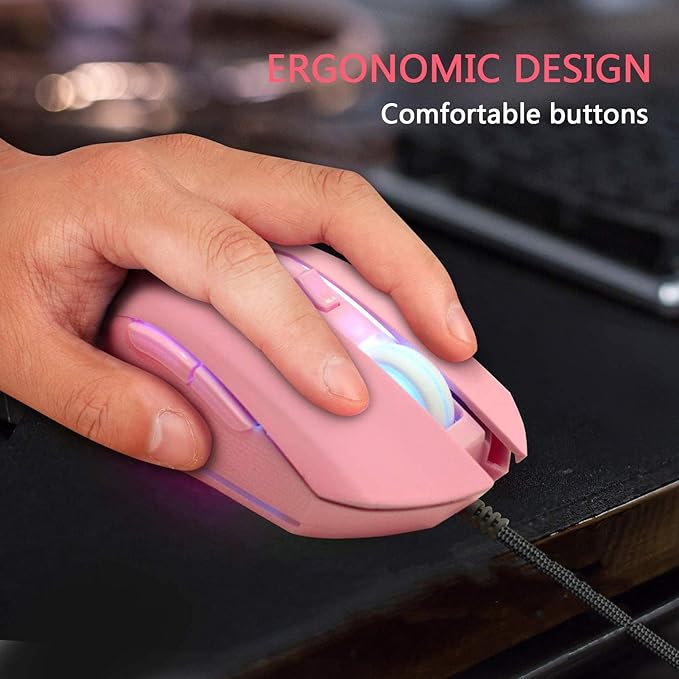 IULONEE USB Type C Wired Mouse,Silent Computer Mouse Optical Gaming Mice Ergonomic 7 LED Backlight 2400 DPI 6 Buttons for Office Home Windows PC,Laptop,Desktop,Notebook,MacBook(Type-C Pink)