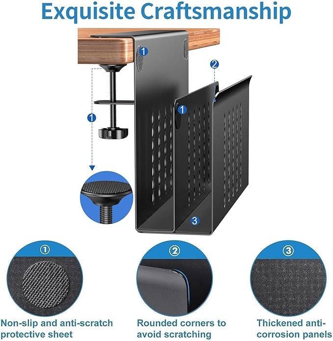 2 Tier Desk Side Storage, Desk Laptop Holder with Magnetic Pen Holder, No Drill Hanging Table Organizer for Office and Home Fits Flat Edge 0.3" to 2.3"