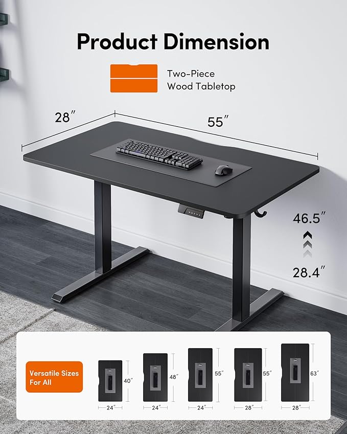 Cubiker Standing Desk, 55x28 Inches Sit Stand Home Office Desk, Electric Stand up Desk, Adjustable Desk with Splice Board, Black Frame/Black Top