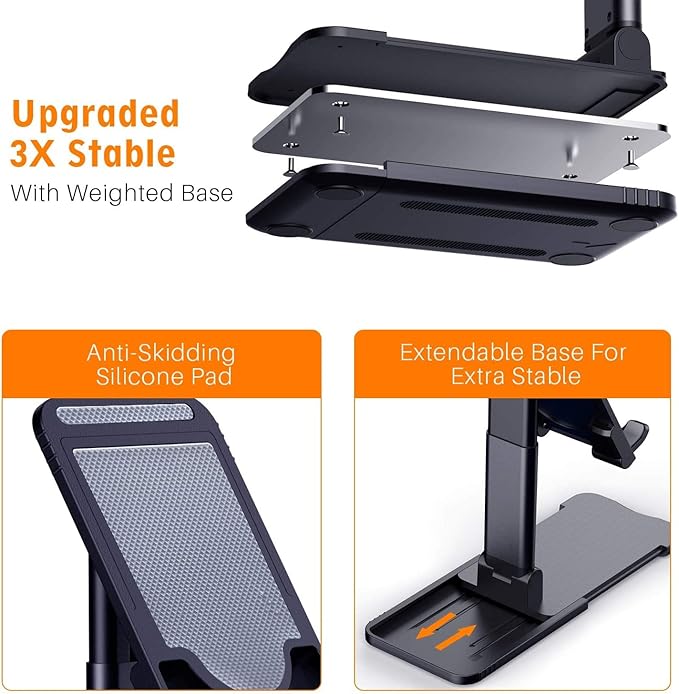 Cell Phone Tablet Stand Mount Fully Foldable Dock Holder Cradle Charger Station Desk Room Office School Kitchen Travel Portable Adjustable Multi-Angle Non-Slip Durable Stable (Black)