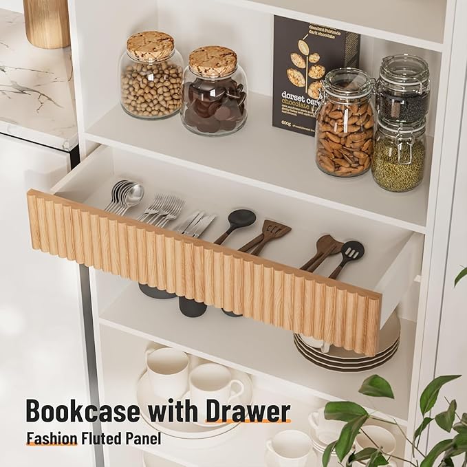 INNOD 7-Tier Bookshelf with Storage, 72" Tall Bookcase with Drawer, Display Book Shelf Book Organizer with Anti-tip Device, Home Decor Wood Furniture for Office, Bedroom, Living Room, White