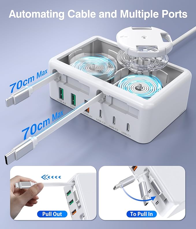 Upgraded 8-in-1 Retractable USB C Charger Block, 120W GaN Multi Charging Station Hub with Lightening & Type C Cable, Travel Essential USB C Power Strip Plug for iPhone 17 16 15 14 Pro Max iPad Galaxy