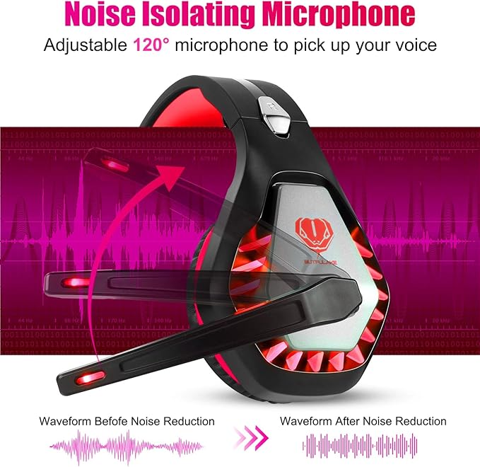 Gaming Headset for PS4, Xbox One, PC, PS5, Laptop, Mac, Nintendo Switch, 3.5MM Noise Cancelling Over Ear Headphones with Mic, Bass Surround, Soft Memory Earmuffs (red)