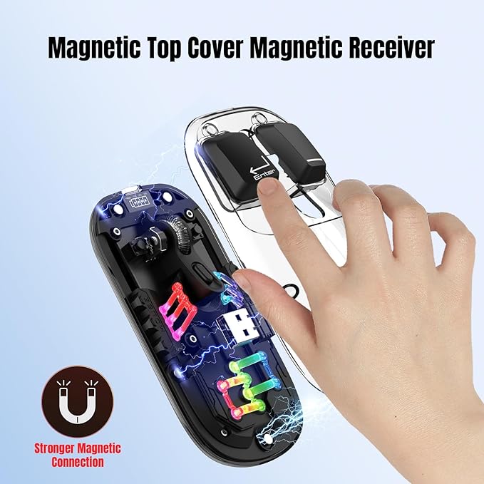 Wireless Bluetooth Mouse, Transparent BT + 2.4G Dual-Mode Mechanical Mouse with Magnetic Top Cover, Rechargeable RGB Backlit Gaming Mouse for Gaming/Esports/Desktop/Laptops/Tablets (Black)