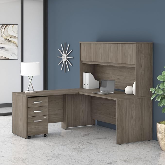 Bush Business Furniture Studio C L Shaped Desk with Hutch, Mobile File Cabinet and Return, 72W x 30D, Modern Hickory