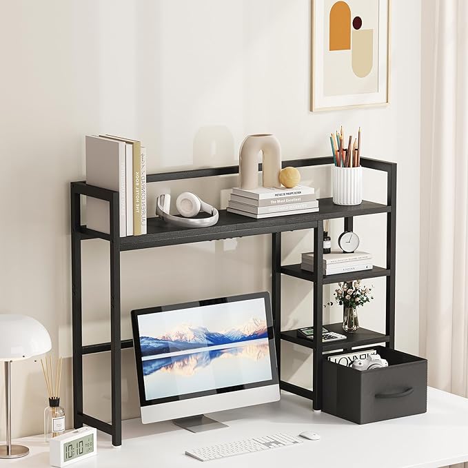 Marbrasse Desk Shelf with Drawer, 40" Desk Hutch for Computer Monitor, Desk Shelf for top of Desk, Wooden Desktop Bookshelf Storage Rack for Home Office Dorm - Black