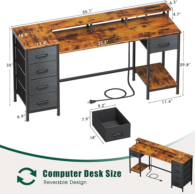 Korfile 55 Inch Gaming Desk with Power Outlets and LED Lights, Reversible Computer Desk with 5 Fabric Storage Drawers, Home Office Desk with Monitor Stand for Working Writing Study, Rustic Brown