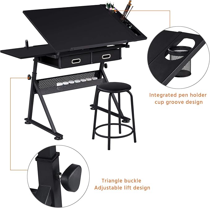 Topeakmart Drafting Table for Artists, Height Adjustable Drawing Draft Desk, Tiltable Tabletop, Art Craft Work Station with Extra Board for Diamond Painting Sewing Graphic Designere