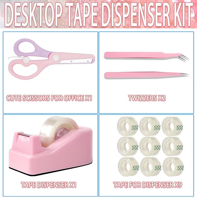 XEUZK Desktop Tape Dispenser Kits with Weighted Nonskid Base Tape Dispenser- Includes 9 Rolls of Transparent Tape(0.71 Inch x 500 inches Each) & Pink Scissors, 2 Pcs Tweezers (Pink)