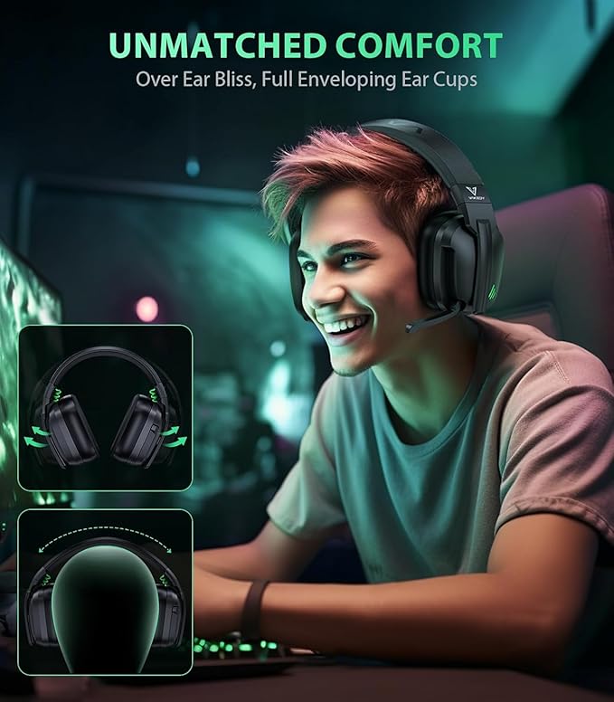 Vakedy HW11 Wireless Gaming Headset for PS5,PS4,PS4 Pro, Switch,Mac,Bluetooth 5.3 Gaming Headphones with Noise Canceling Mic,Gamer Headphones for PC,50Hr Battery (Black)