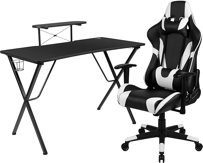 Flash Furniture Optis Black Gaming Desk and Black Reclining Gaming Chair Set with Cup Holder, Headphone Hook, and Monitor/Smartphone Stand