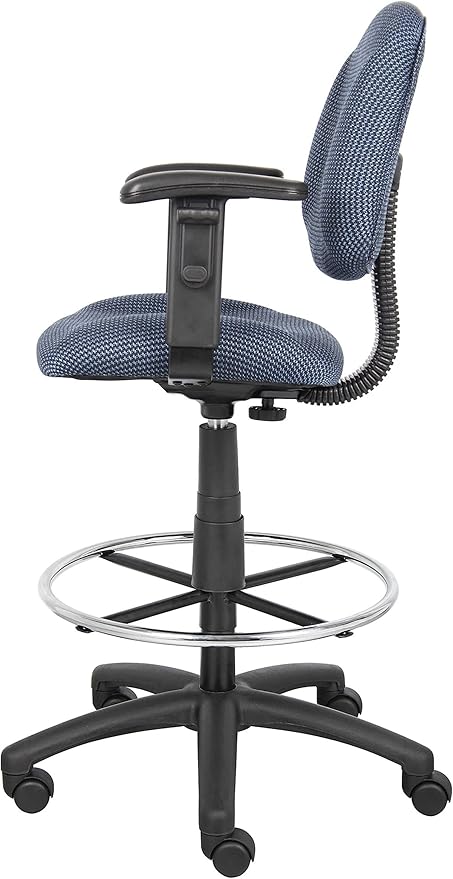 BOWERY HILL Contemporary Rolling Fabric Drafting Stool, Adjustable Height with Arms, Blue Finish, Contoured Back and Seat, Chrome Footring, Dual-Wheel Casters, Home or Office Use, 25" W x 25" D x