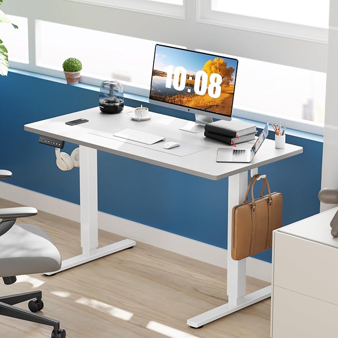 Sweetcrispy Electric Standing Desk Adjustable Height, 40x24 Inch Sit Stand Up Home Office Desks Computer Workstation PC Work Table with 3 Memory Preset Splice Wood Board Metal Frame, White