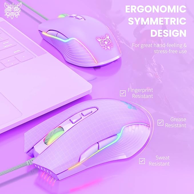 Cute RGB 6400 DPI Wired Gaming Mouse Breathing LED Optical USB 7 Buttons Gamer Computer Pink Mice for Laptop PC Desktop (Purple)