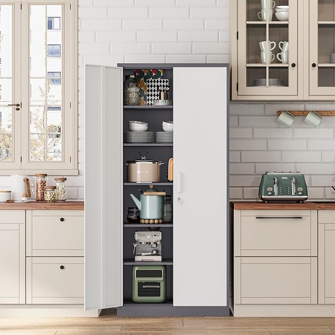 Fesbos Metal Cabinet Steel Storage Cabinet - 71” Tall Steel File Cabinets with Lockable Doors and 5 Adjustable Shelves Gray&White Storage Cabinets for Home, School, Office, Garage