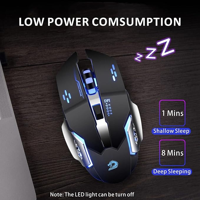 Uciefy Q85 Rechargeable Wireless Gaming Mouse, 2.4G LED Optical Silent Wireless Computer Mouse with 4 LED Light, 3 Adjustable DPI, Ergonomic Design, Auto Sleeping (Black)