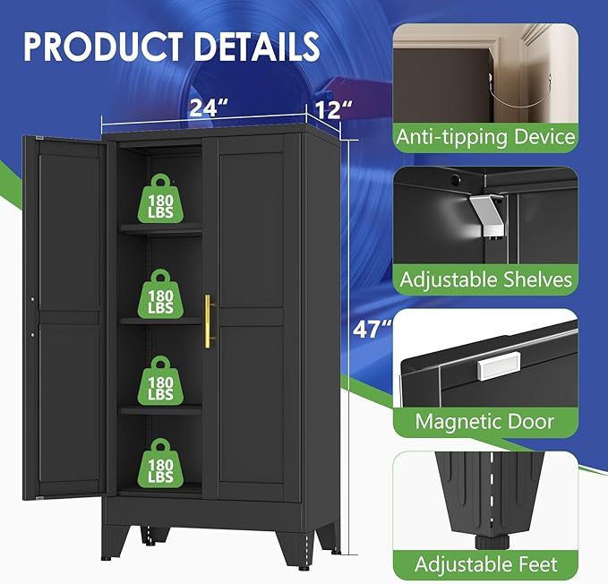 47" Metal Storage Cabinet with Adjustable Leveling Foot,Garage Storage Cabinets with 2 Doors and 3 Adjustable Shelves, Black Steel Cabinet for Office,Home,Garage(Black)