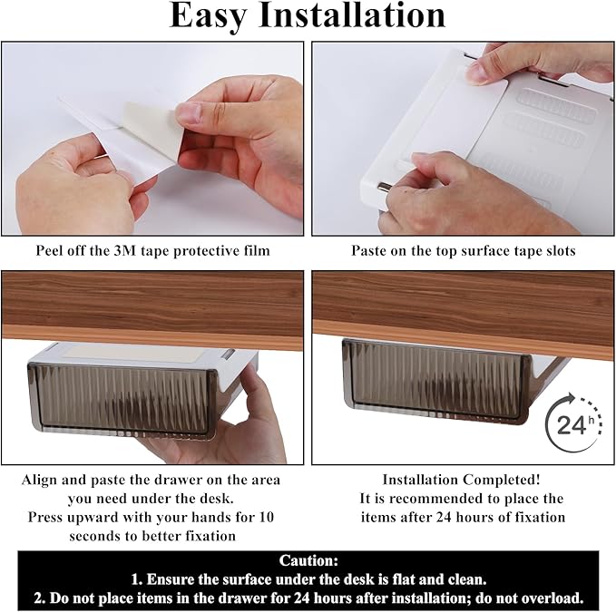 Boxalls Under Desk Storage Drawer, Under Table Slide Out Self-Adhesive Organization, Translucent Black Medium