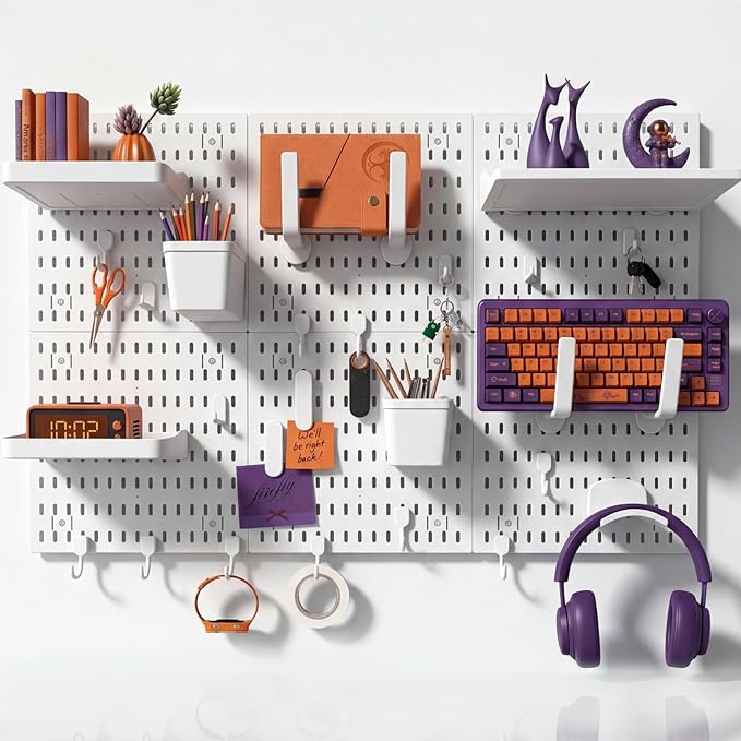 LBW Pegboard Wall Organizer, 6-Pack 11.8" × 11.8" White ABS Peg Board Panels with 27 Accessories, Modular Plastic Pegboard Combination Kit for Home, Office, Garage, Tool Storage & Craft Room