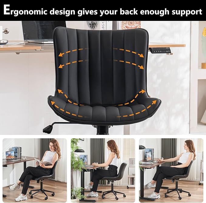 YOUNIKE Black Home Office Desk Chair with Wheels Comfy Armless Cute Vanity Chair with Adjustable Rocking Back Modern Leather Upholstered Rolling Swivel Small Task Drafting Sewing Chair Compact