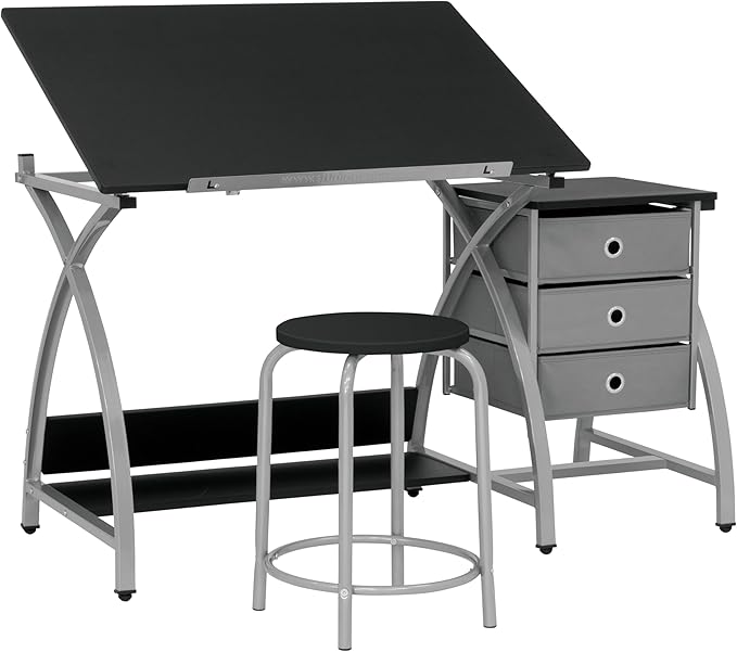 SD Studio Designs 2 Piece Comet Center Plus, Craft Table and Matching Stool Set with Storage and Adjustable Top, Silver/Black