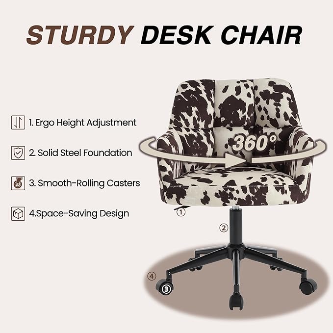 Modern Swivel Home Office Desk Chairs with Wheels and Arms Set of 2, Cow Print Velvet Height Adjustable Comfortable Ergonomic Desk Chairs, Wide Cute Cowhide Computer Armchairs for Living Room Home