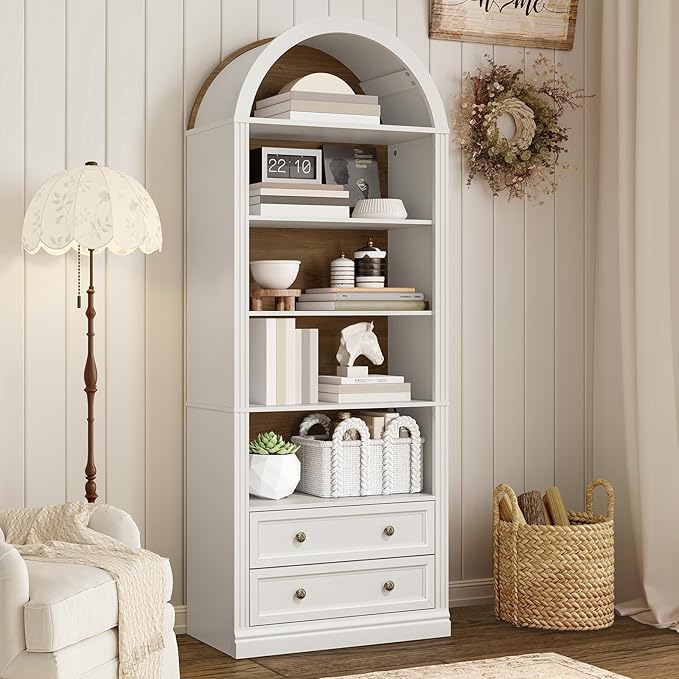 RALGEND Farmhouse Arched Bookshelf, 7 Tiers Arch Bookcase with 2 Spacious Drawers, Modern Book Shelf with Open Display Shelves and Storage Cabinet, for Office, Living Room, Kitchen, Walnut and White