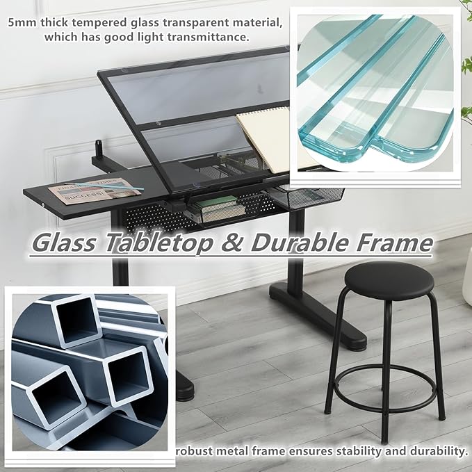 Drafting Desk with Stool, Upgraded Hand Crank Adjustable Height Art Table with Storage, 0-75° Tilting Glass Tabletop Drawing Table for Artists, Ergonomic Design for Painting, Sketching, Black