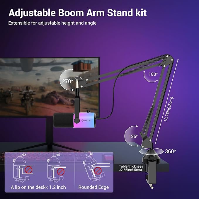 FDUCE Dynamic Gaming Microphone kit, USB/XLR Podcast Computer Microphone with Boom arm Stand, RGB Light, Mute Button and Headphone Jack, for Gamer Streaming Recording Studio YouTube Online Chat(D20+)