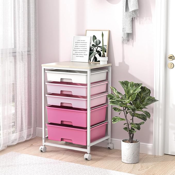 SYKIARIOL Utility Cart with 5 Drawers,Storage Drawer Cart with Wooden Tabletop and Lockable Wheels,Craft Storage Trolley Cart,5-Tier Rolling Utility Cart on Wheels,Rose Pink