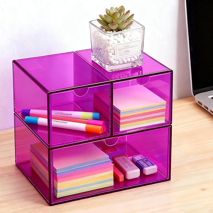 Gelite Desk Organizer with 3 Storage Drawers for Makeup Office Acrylic Desktop Drawer Organizer for Vanity Office Organization and Storage Box, Purple
