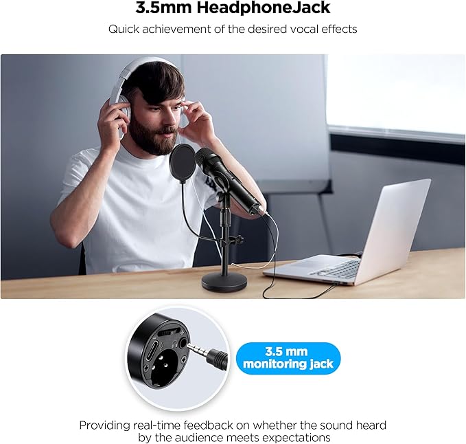 Xlr Usb Dynamic Microphone for Singing Recording, Metal Dynamic Studio Singing Recording Microphone with Mic Gain, Desktop Stand, Pop Filter, Headphone Jack, for PC, Audio Interface, Mixer, Mac