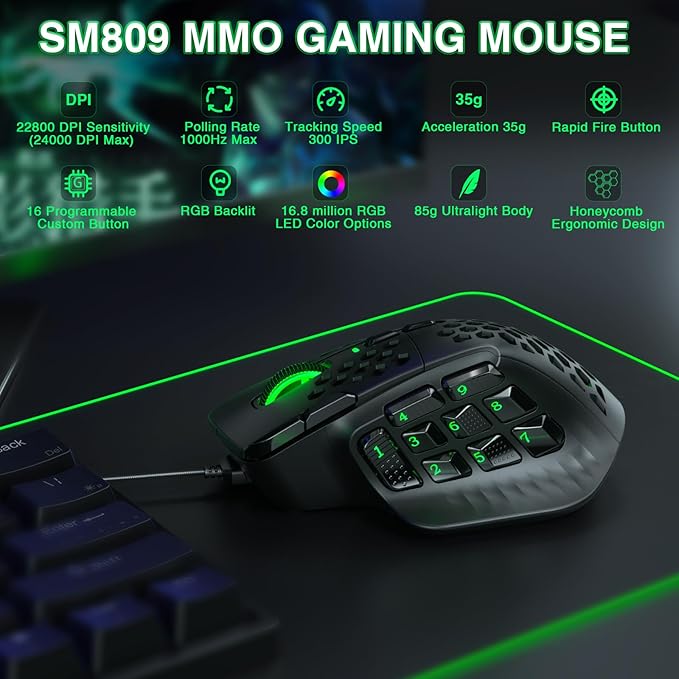 SOLAKAKA SM809 Gaming Mouse for MMO,24000 DPI,16 Programmable,RGB PC Gaming Mice,Black