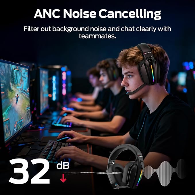 Monster Mission ANC200 Gaming Headset, 2.4GHz/Bluetooth Gaming Headphones with Active Noise Cancellation, 7.1 Virtual Surround Sound, Stealth Retractable Mic, 70H Battery, for PS5, PS4, PC, Switch